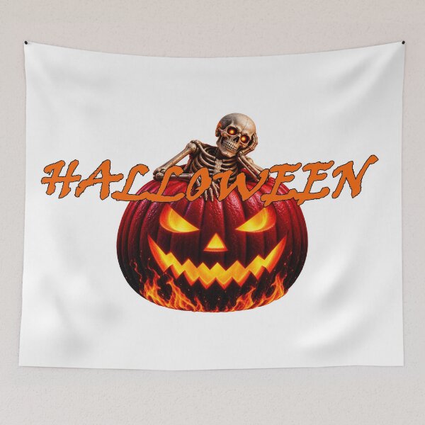 Item preview, halloween pumpkin red with skeleton with orange lettering designed and sold by natalik2024.
