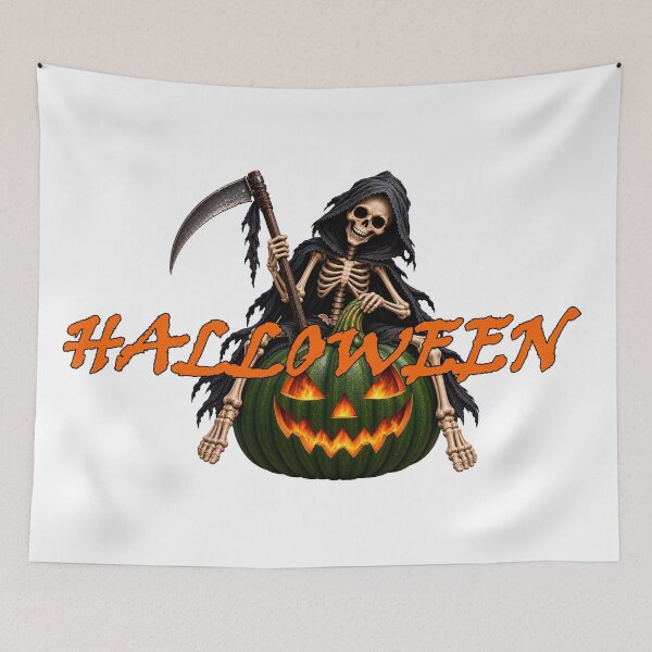 Item preview, halloween skeleton on pumpkin orange text designed and sold by natalik2024.