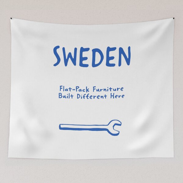Item preview, Sweden – "Flat-Pack Furniture Built Different Here" Funny Quote Print designed and sold by MarkedArtPrints.