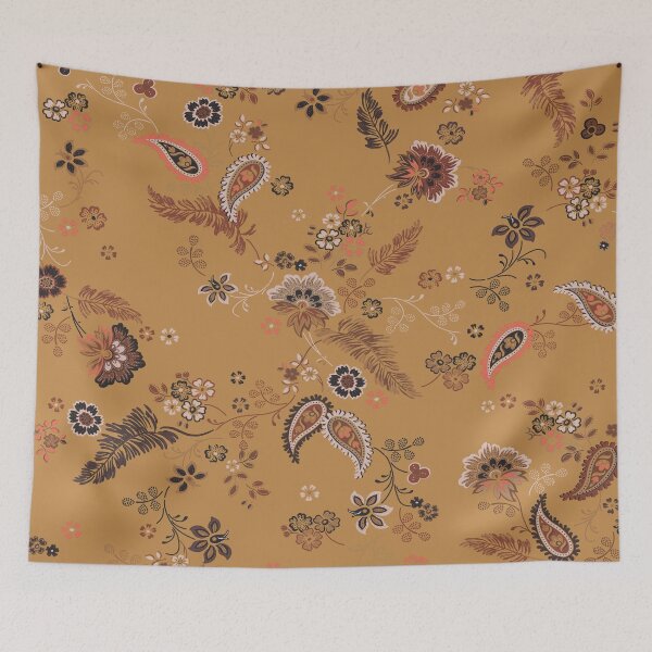 Item preview, 70s Bohemian Tapestry – Mustard Yellow Paisley, Feather, and Floral Prin designed and sold by EK EXCLUSIVE.