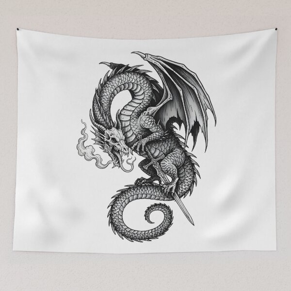Item preview, Skull Dragon with Sword - Smoke Breathing Gothic Ink Art designed and sold by DragonSerpent Ink.
