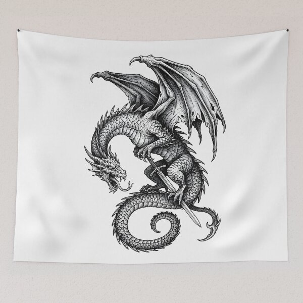 Item preview, Blade-Tail Dragon with Sword - Serpentine Ink Illustration designed and sold by DragonSerpent Ink.