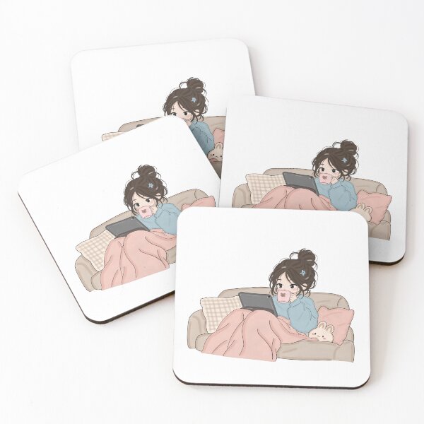 Item preview, Cozy Kawaii Girl with Coffee & Tablet – Cute Self-Care Digital Art Sticker designed and sold by Kanikawaii.