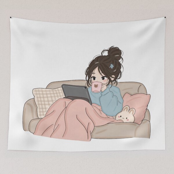 Item preview, Cozy Kawaii Girl with Coffee & Tablet – Cute Self-Care Digital Art Sticker designed and sold by Kanikawaii.
