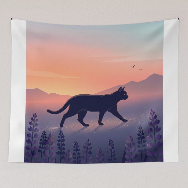 Item preview, Peaceful Journey:  Black Cat in Pastel Sunset Landscape designed and sold by PurrfectHome.