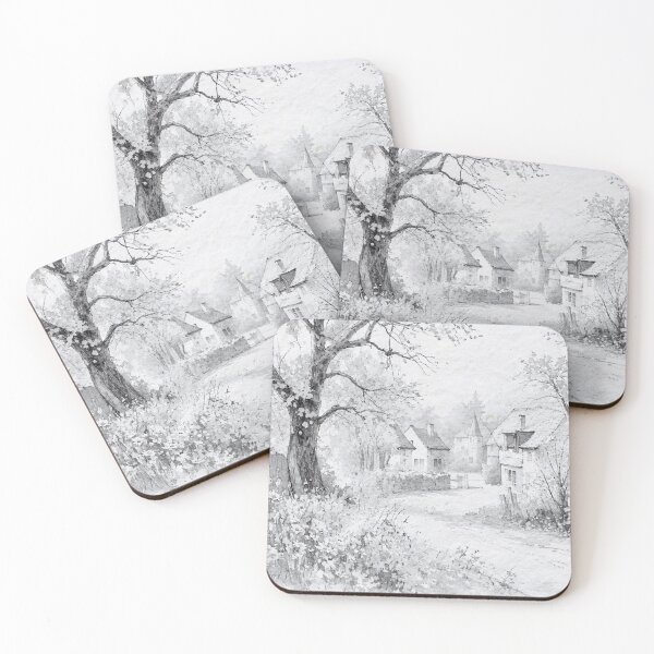 Item preview, Spring Village in Monochrome – Pen and Ink with Watercolor Art designed and sold by Old Barn Studios.