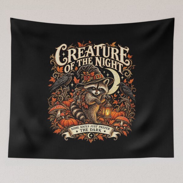 Item preview, Creature of the Night – Gothic Raccoon, Raven & Witch Hat Halloween Art designed and sold by TheInkRaven.