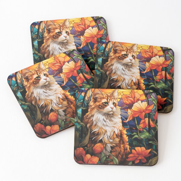 Item preview, Stained Glass Longhair Ginger Cat with Orange Flowers designed and sold by pinkal.