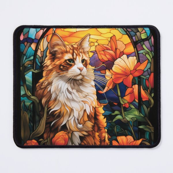 Item preview, Stained Glass Longhair Ginger Cat with Orange Flowers designed and sold by pinkal.