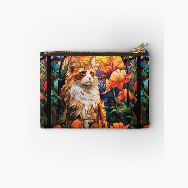 Item preview, Stained Glass Longhair Ginger Cat with Orange Flowers designed and sold by pinkal.
