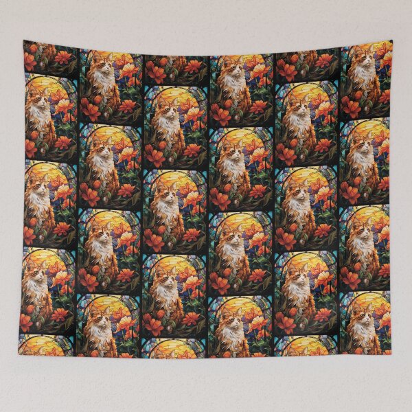Item preview, Stained Glass Longhair Ginger Cat with Orange Flowers designed and sold by pinkal.