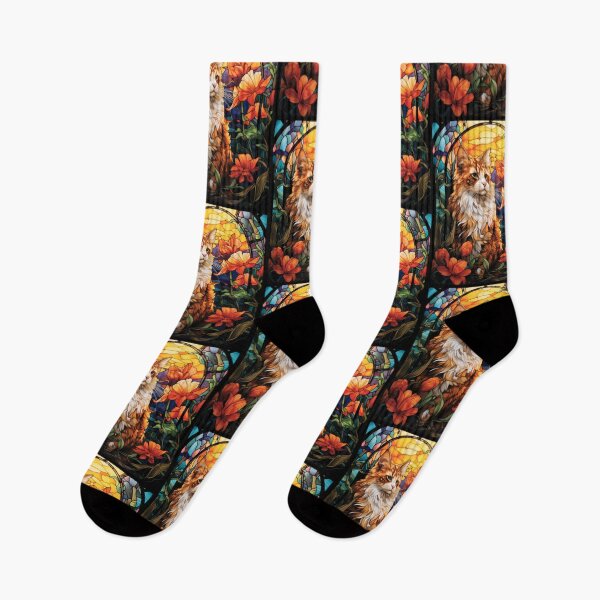 Item preview, Stained Glass Longhair Ginger Cat with Orange Flowers designed and sold by pinkal.