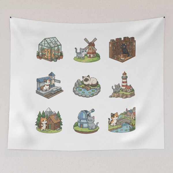 Item preview, Diorama Cat Greenhouse Lighthouse Library Cute Sticker Sheet designed and sold by mood-draftsman.