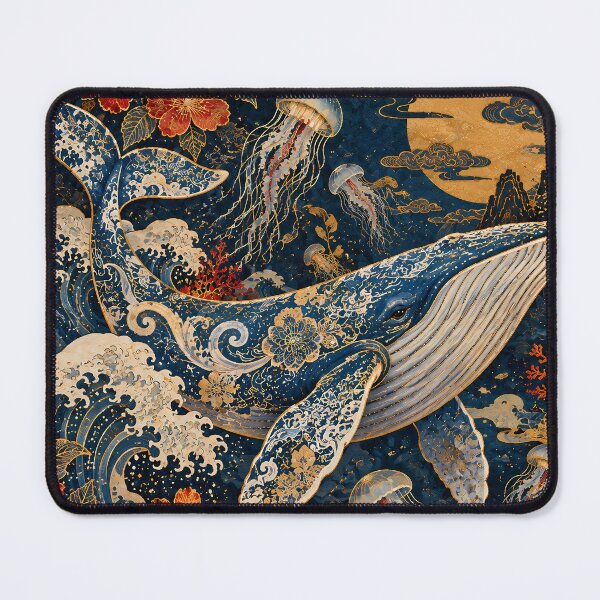 Item preview, Japandi Blue Whale Ocean Waves Floral Gold Ukiyo-e designed and sold by Jozefin's Studio.