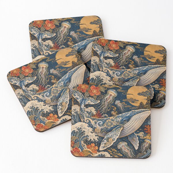 Item preview, Japandi Blue Whale Ocean Waves Floral Gold Ukiyo-e designed and sold by Jozefin's Studio.