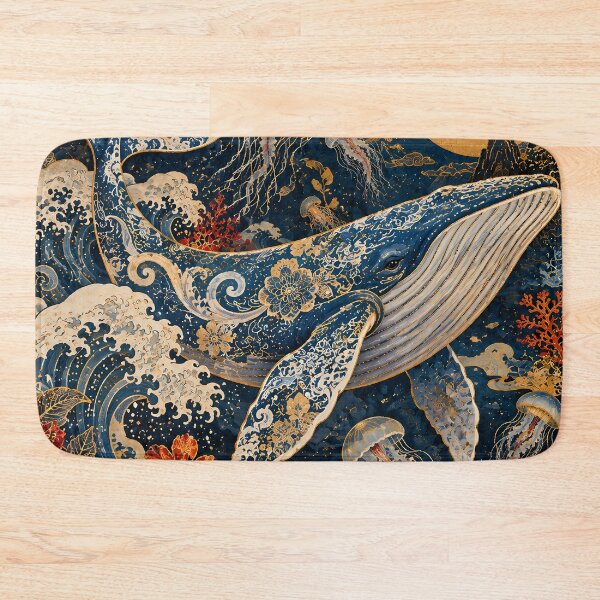 Item preview, Japandi Blue Whale Ocean Waves Floral Gold Ukiyo-e designed and sold by Jozefin's Studio.