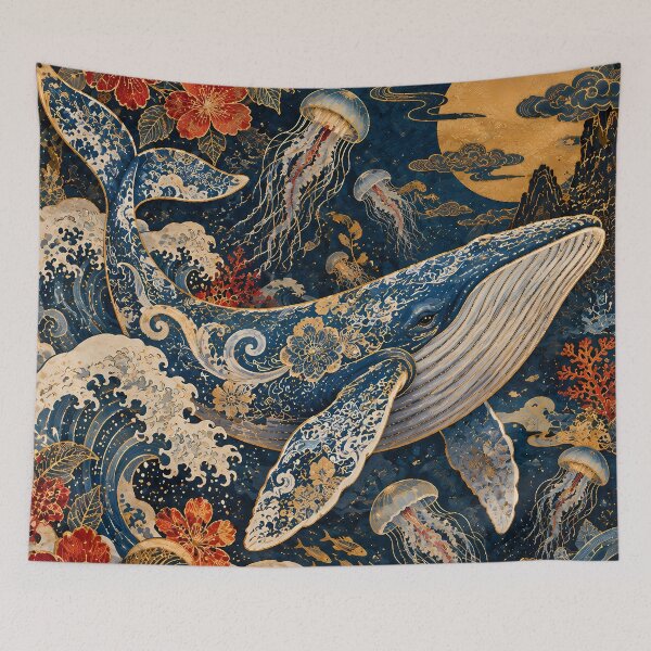 Item preview, Japandi Blue Whale Ocean Waves Floral Gold Ukiyo-e designed and sold by Jozefin's Studio.