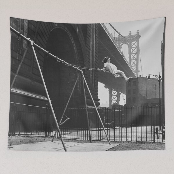 Item preview, Empire state of mind, girl on a swing, Brooklyn Bridge vintage black and white photograph designed and sold by Astrid Arkhangelsky.