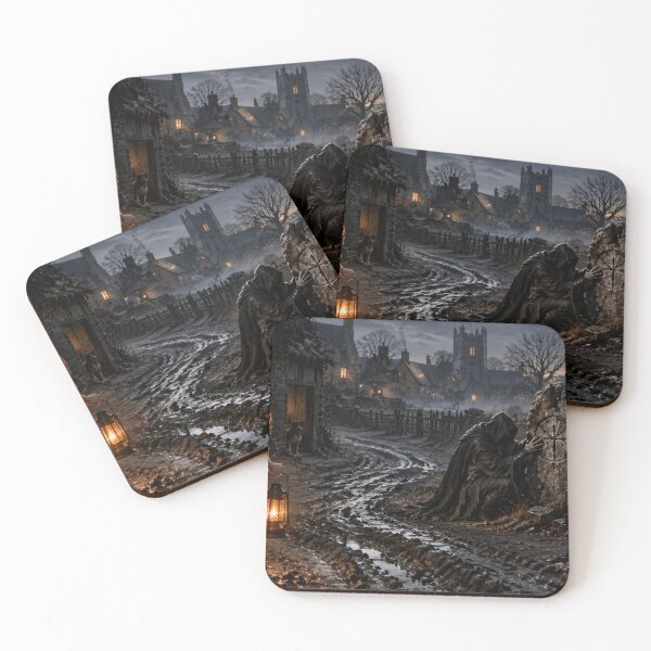 Item preview, Haunted Boundary Stone at Dawn – Gothic Folk Horror Dark Fantasy Village Art designed and sold by Element Horizon Studio.