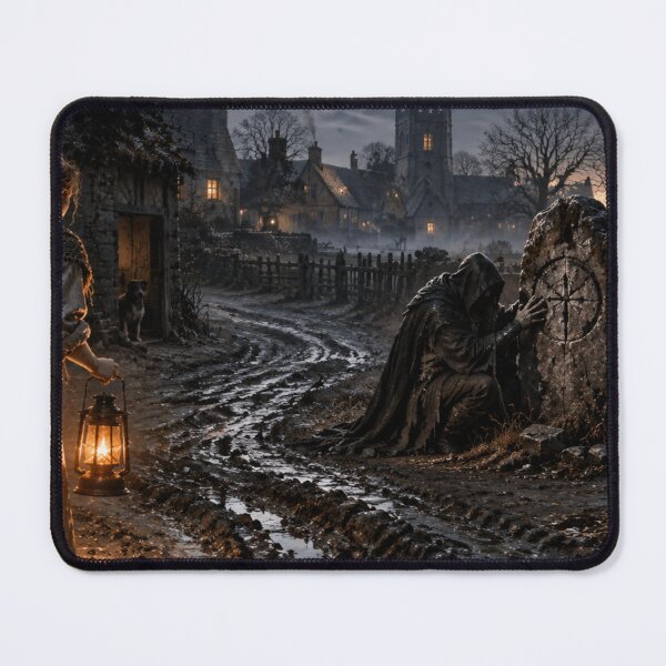 Item preview, Haunted Boundary Stone at Dawn – Gothic Folk Horror Dark Fantasy Village Art designed and sold by Element Horizon Studio.