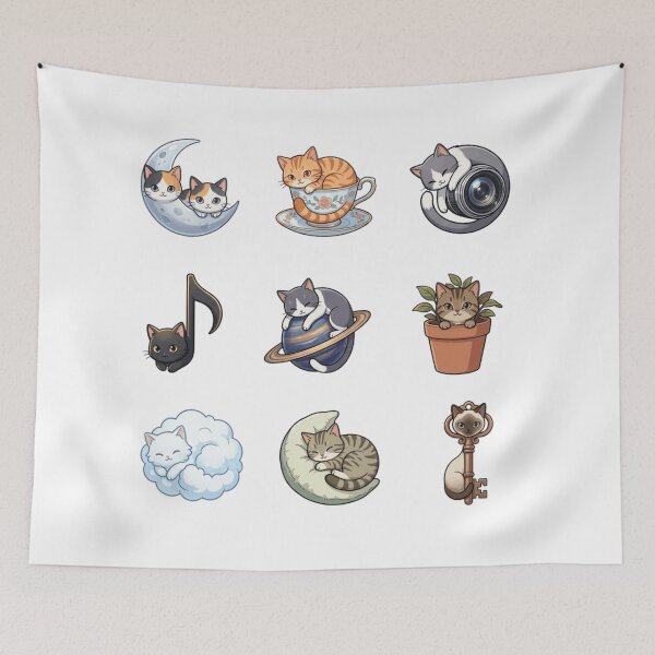 Item preview, Cozy Cat Teacup Crescent Moon Saturn Cute Sticker Sheet    designed and sold by mood-draftsman.