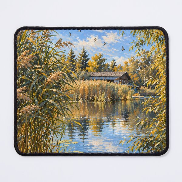Item preview, Cottagecore Autumn Lake Oil Painting with Reeds Birds designed and sold by Jozefin's Studio.