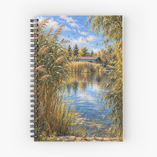 Item preview, Cottagecore Autumn Lake Oil Painting with Reeds Birds designed and sold by Jozefin's Studio.