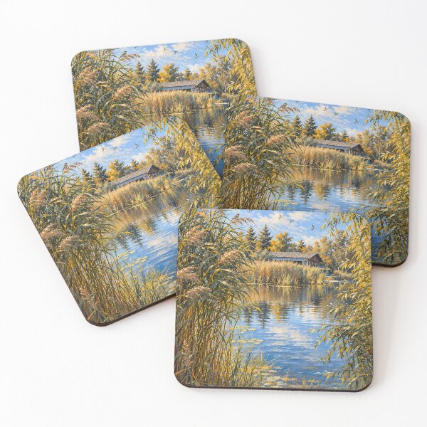 Item preview, Cottagecore Autumn Lake Oil Painting with Reeds Birds designed and sold by Jozefin's Studio.
