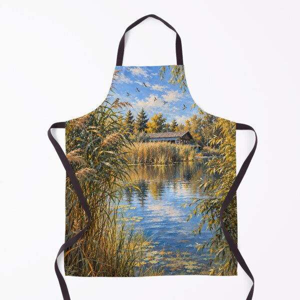 Item preview, Cottagecore Autumn Lake Oil Painting with Reeds Birds designed and sold by Jozefin's Studio.