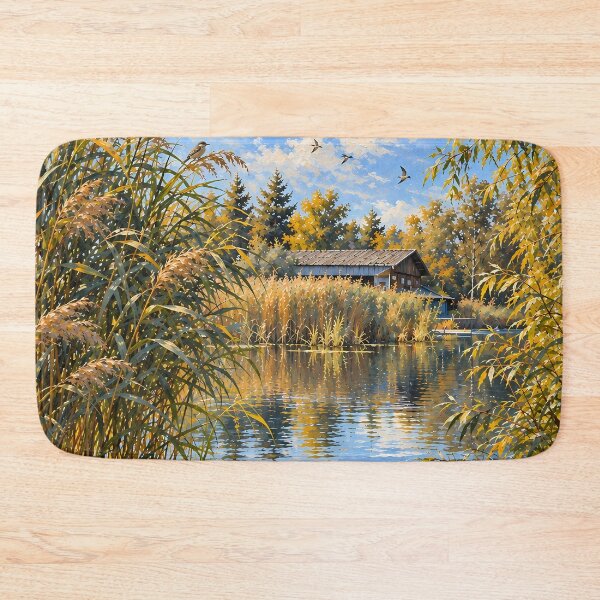 Item preview, Cottagecore Autumn Lake Oil Painting with Reeds Birds designed and sold by Jozefin's Studio.