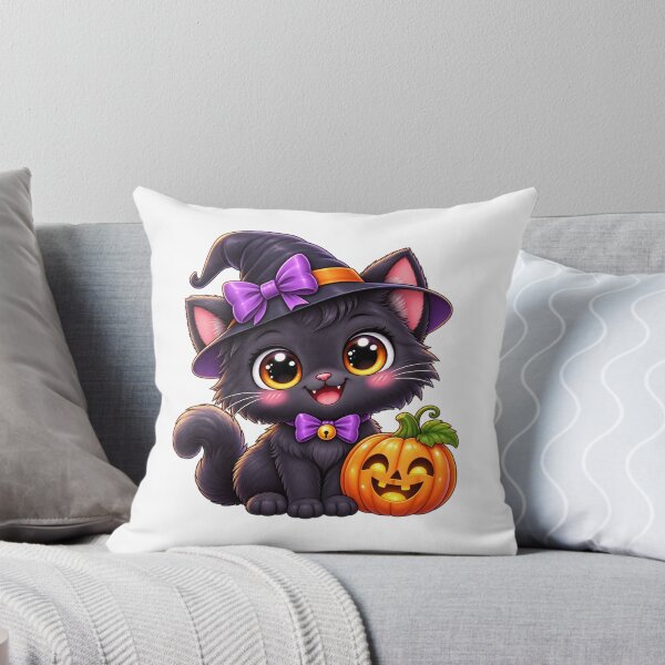 Item preview, Cute Kawaii Black Cat Halloween – Chibi Witch Cat with Pumpkin designed and sold by Pixanova.