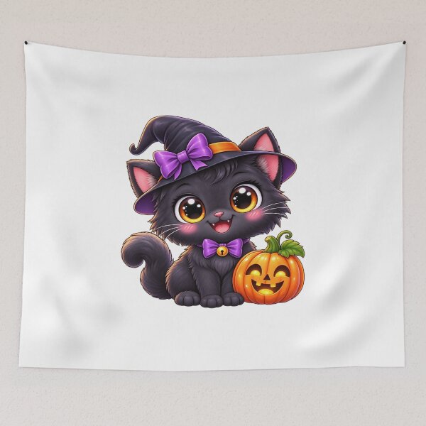 Item preview, Cute Kawaii Black Cat Halloween – Chibi Witch Cat with Pumpkin designed and sold by Pixanova.