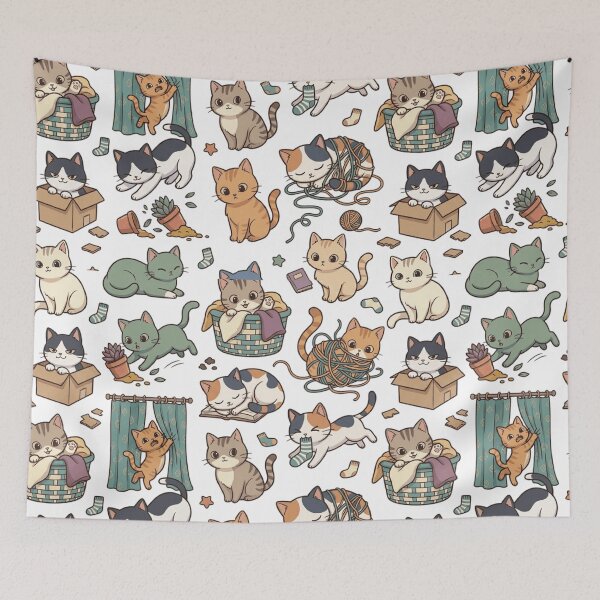 Item preview, Mischievous Cat Chaos Yarn Box Playful Cute All Over Print Pattern designed and sold by mood-draftsman.