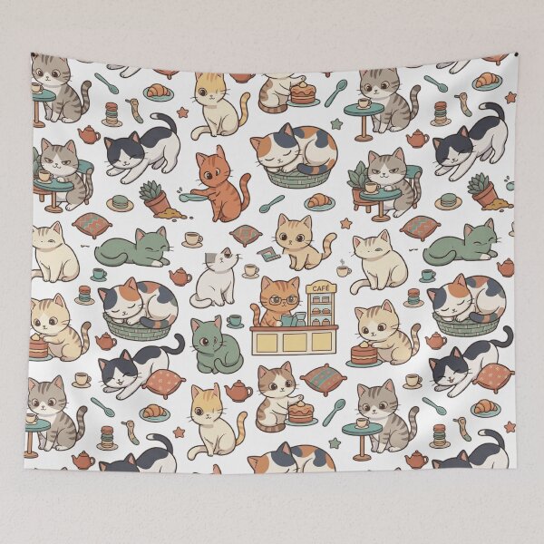 Item preview, Cat Cafe Coffee Pastry Bakery Cute All Over Print Pattern    designed and sold by mood-draftsman.