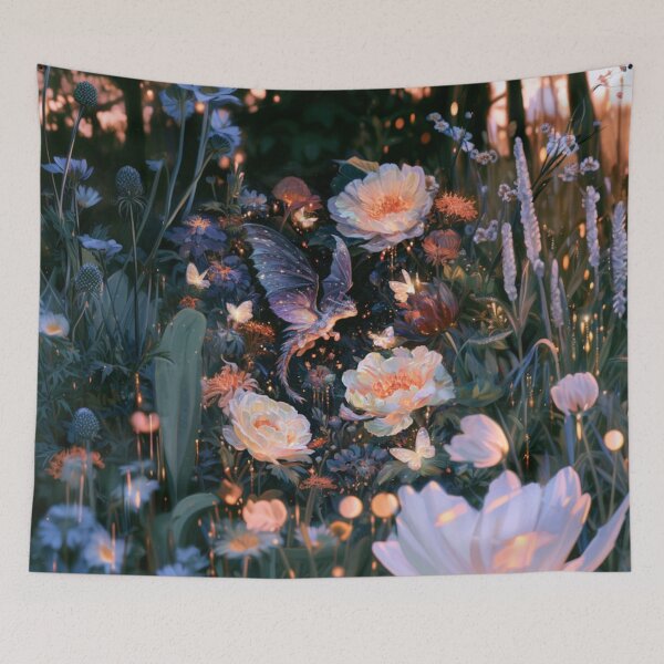 Item preview, A tiny Fae Dragon fluttering through a magical flower garden filled with glowing butterflies, Fantasy & Mythological Creatures designed and sold by CDC40.