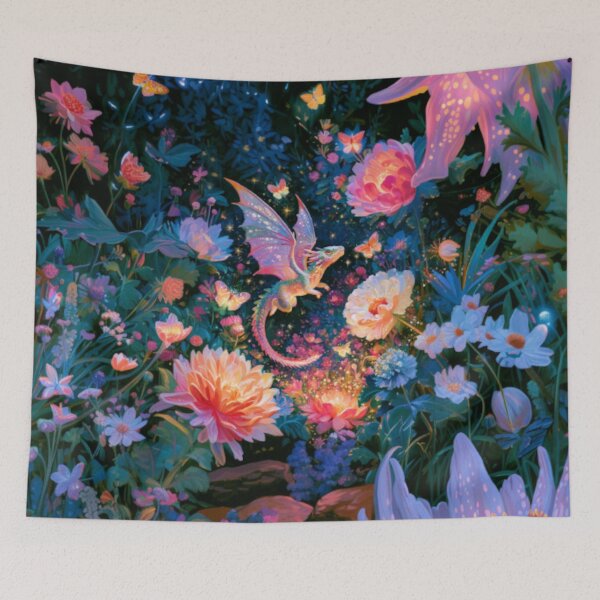 Item preview, A tiny Fae Dragon fluttering through a magical flower garden filled with glowing butterflies, Fantasy & Mythological Creatures designed and sold by CDC40.