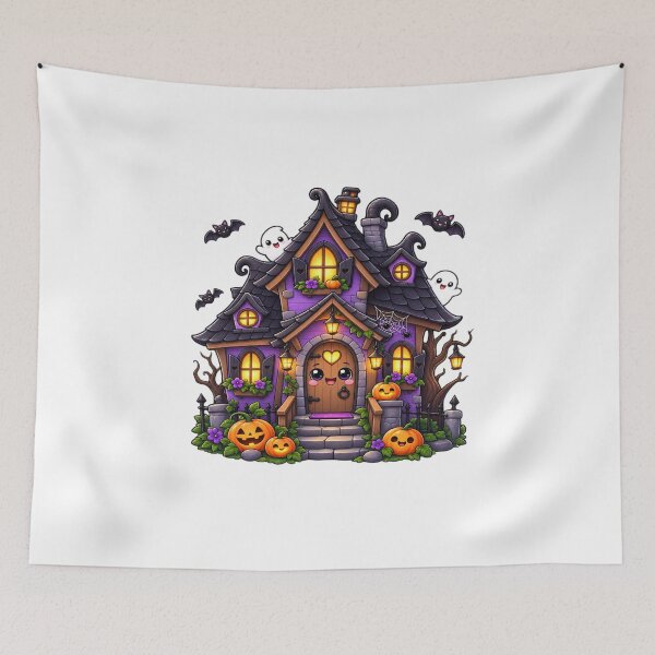 Item preview, Cute Kawaii Haunted House Halloween – Chibi Spooky Cottage with Pumpkins designed and sold by Pixanova.
