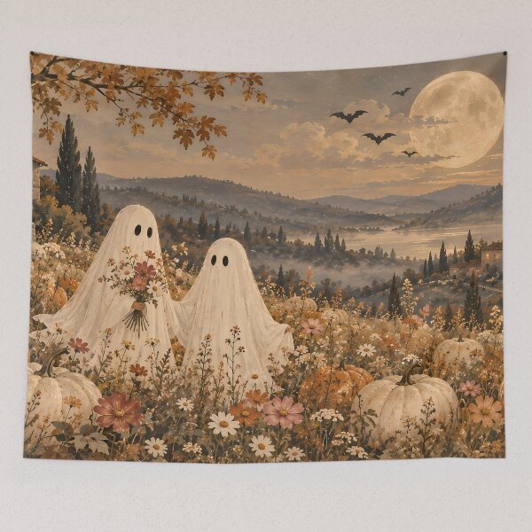 Item preview, Cottagecore Ghost Pair in Autumn Wildflower Meadow Oil Painting designed and sold by Jozefin's Studio.