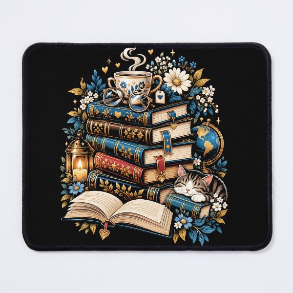 Item preview, Book Lover Cat with Vintage Books, Coffee & Blue Floral Reading Aesthetic designed and sold by ArcaneArtistry.