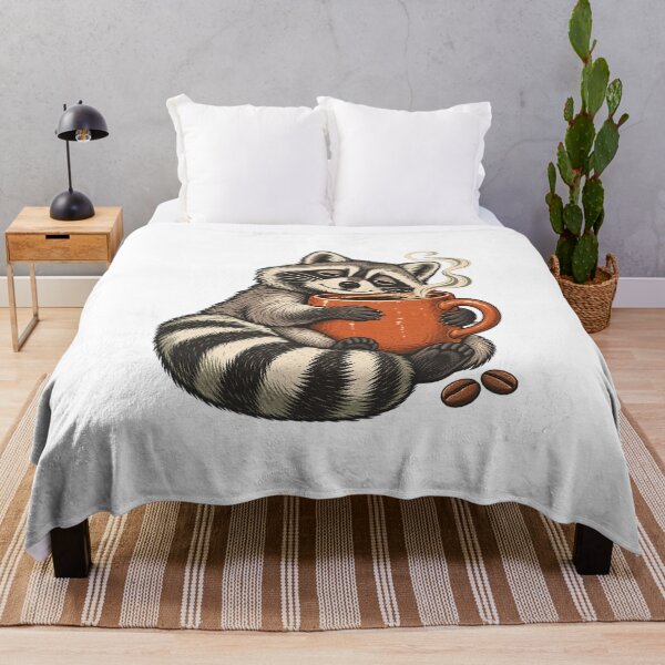 Item preview, Sleepy Raccoon with Coffee - Cozy Animal Art designed and sold by cybersilverhand.