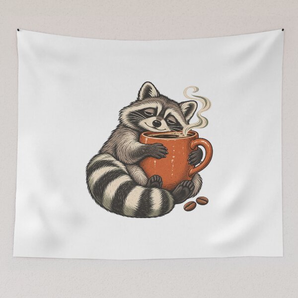 Item preview, Sleepy Raccoon with Coffee - Cozy Animal Art designed and sold by cybersilverhand.
