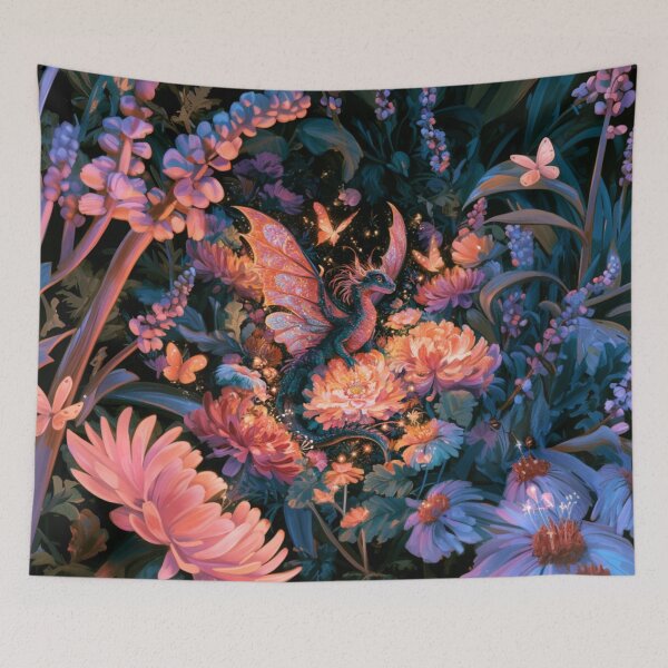 Item preview, A tiny Fae Dragon fluttering through a magical flower garden filled with glowing butterflies, Fantasy & Mythological Creatures designed and sold by CDC40.