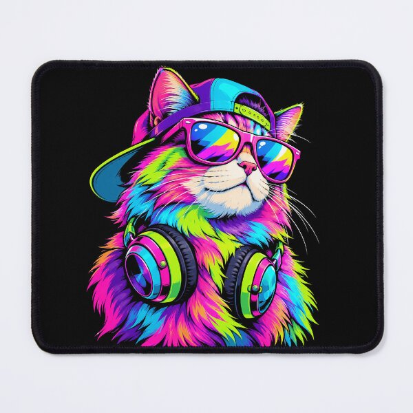 Item preview, Neon Hipster Cat DJ Colorful Music Lover Retro Streetwear designed and sold by ArcaneArtistry.