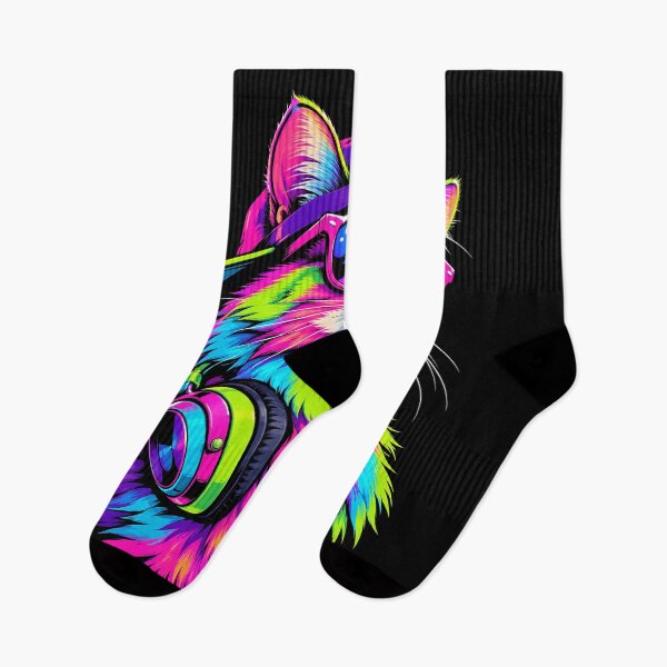 Item preview, Neon Hipster Cat DJ Colorful Music Lover Retro Streetwear designed and sold by ArcaneArtistry.