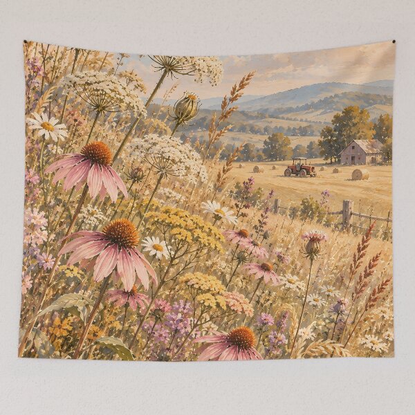 Item preview, Cottagecore Wildflower Meadow Watercolour Farm Landscape designed and sold by Jozefin's Studio.
