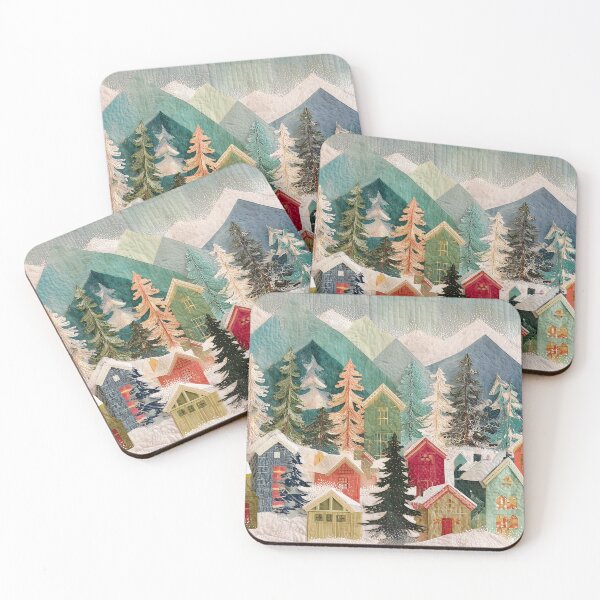 Item preview, Colorful Winter Village Quilt Art Snowy Mountains designed and sold by NatureSight.