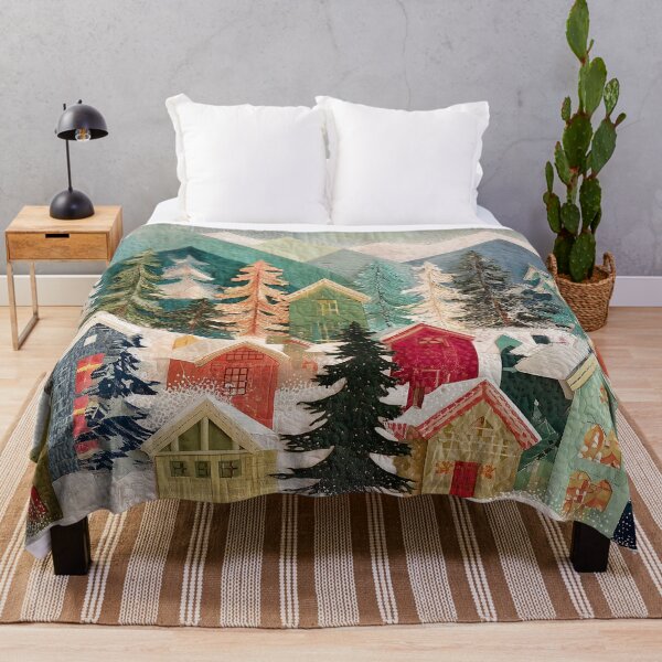 Item preview, Colorful Winter Village Quilt Art Snowy Mountains designed and sold by NatureSight.