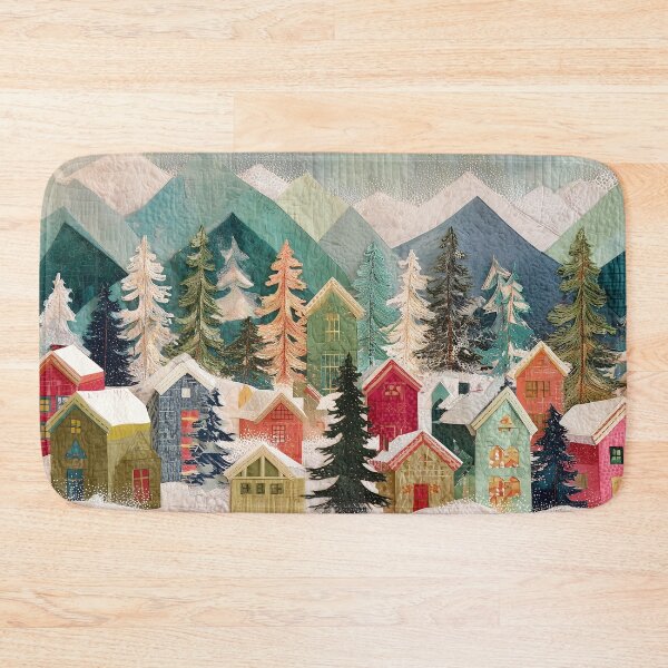 Item preview, Colorful Winter Village Quilt Art Snowy Mountains designed and sold by NatureSight.