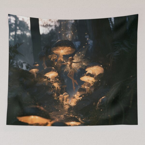 Item preview, A delicate Fairy dancing among glowing mushrooms in an enchanted woodland at twilight, Fantasy & Mythological Creatures designed and sold by CDC40.