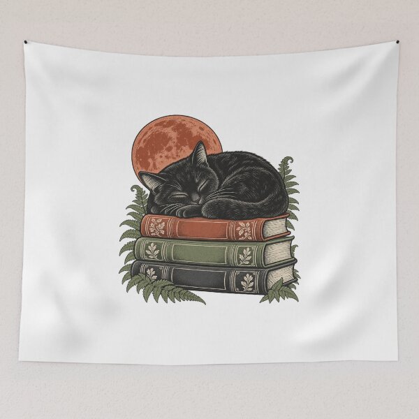 Item preview, Sleeping Black Cat on Books - Cozy Reader Art designed and sold by cybersilverhand.